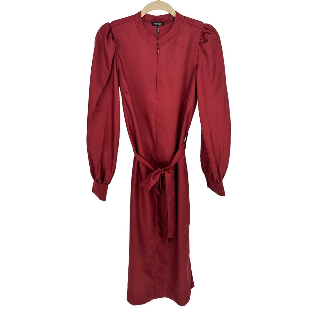 Scotch‎ & Soda Voyage Burgundy Red Satin Midi Dress XS Puff Sleeve Modest Flared